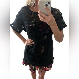 Black Crochet Short Sleeve Cover Up